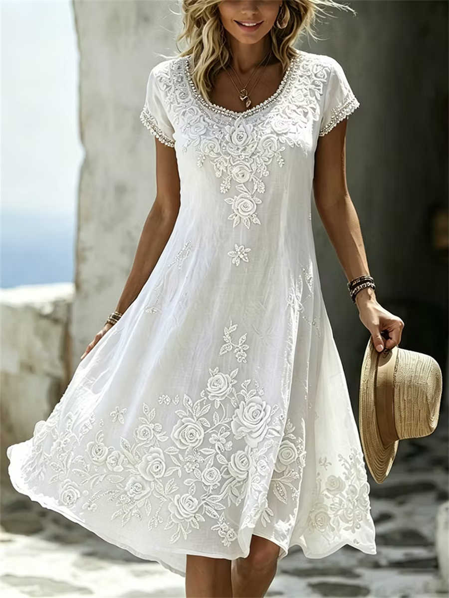 Women's White Rose Floral Embroidered Rhinestone Round Neck Short Sleeve Mini Dress