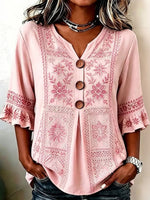 Women's Pink Floral Embroidery Lace V Neck 3/4 Ruffle Sleeve Blouse