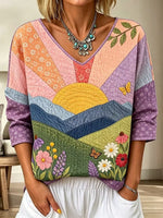 Women's Multi Mountain Sun Floral Butterfly Patchwork V Neck 3/4 Sleeve Blouse