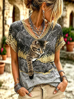 Women's Grey Peeking Cat Lace V Neck Short Sleeve Blouse