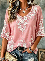 Women's Pink Floral Lace Embroidered V Neck 3/4 Sleeve Blouse
