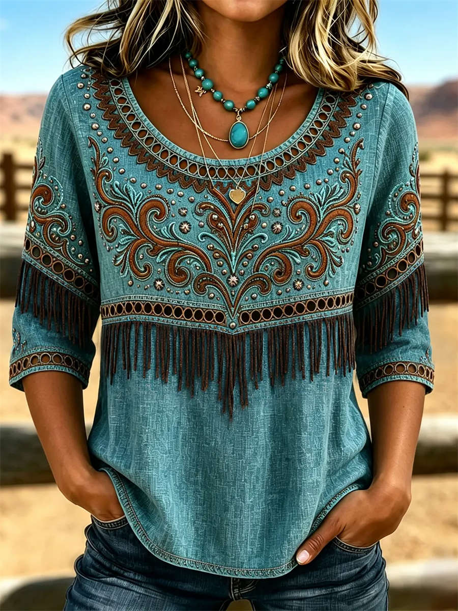 Women's Teal Ethnic Embroidery Fringe Round Neck 3/4 Sleeve Blouse