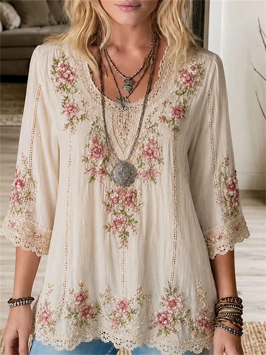 Women's Beige Floral Embroidery Lace Round Neck 3/4 Sleeve Blouse