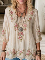 Women's Beige Floral Embroidery Lace Round Neck 3/4 Sleeve Blouse