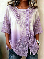 Women's Purple Gradient Floral Embroidery Lace Round Neck 3/4 Sleeve Blouse