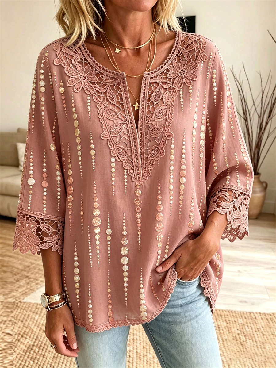 Women's Dusty Pink Dot Print Floral Lace Split Neck 3/4 Sleeve Blouse