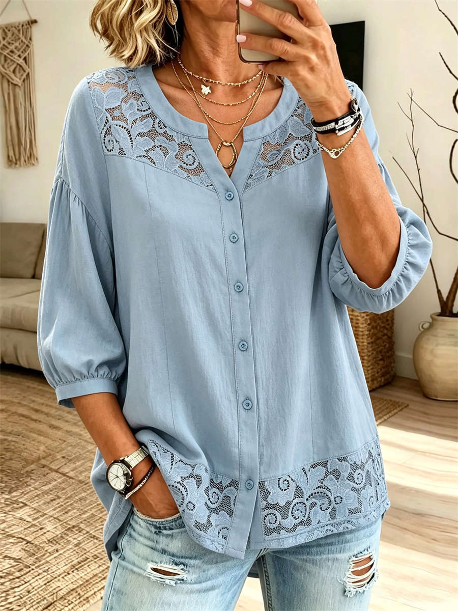 Women's Blue Floral Lace Split Neck 3/4 Puff Sleeve Blouse