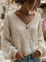 Women's Beige Floral Embroidery Lace V Neck Long Sleeve Blouse