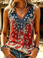 Women's Festive Red Blue Floral Star Rhinestone V Neck Tank