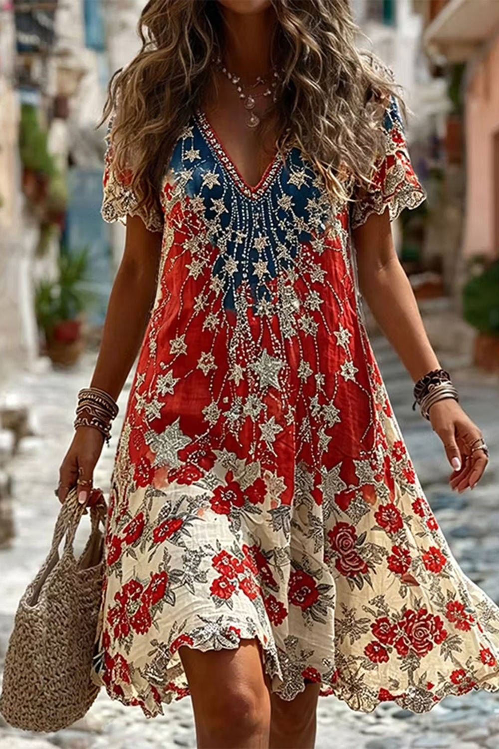 America 250th Anniversary Multi Star Floral Print V Neck Short Sleeve Mini Dress