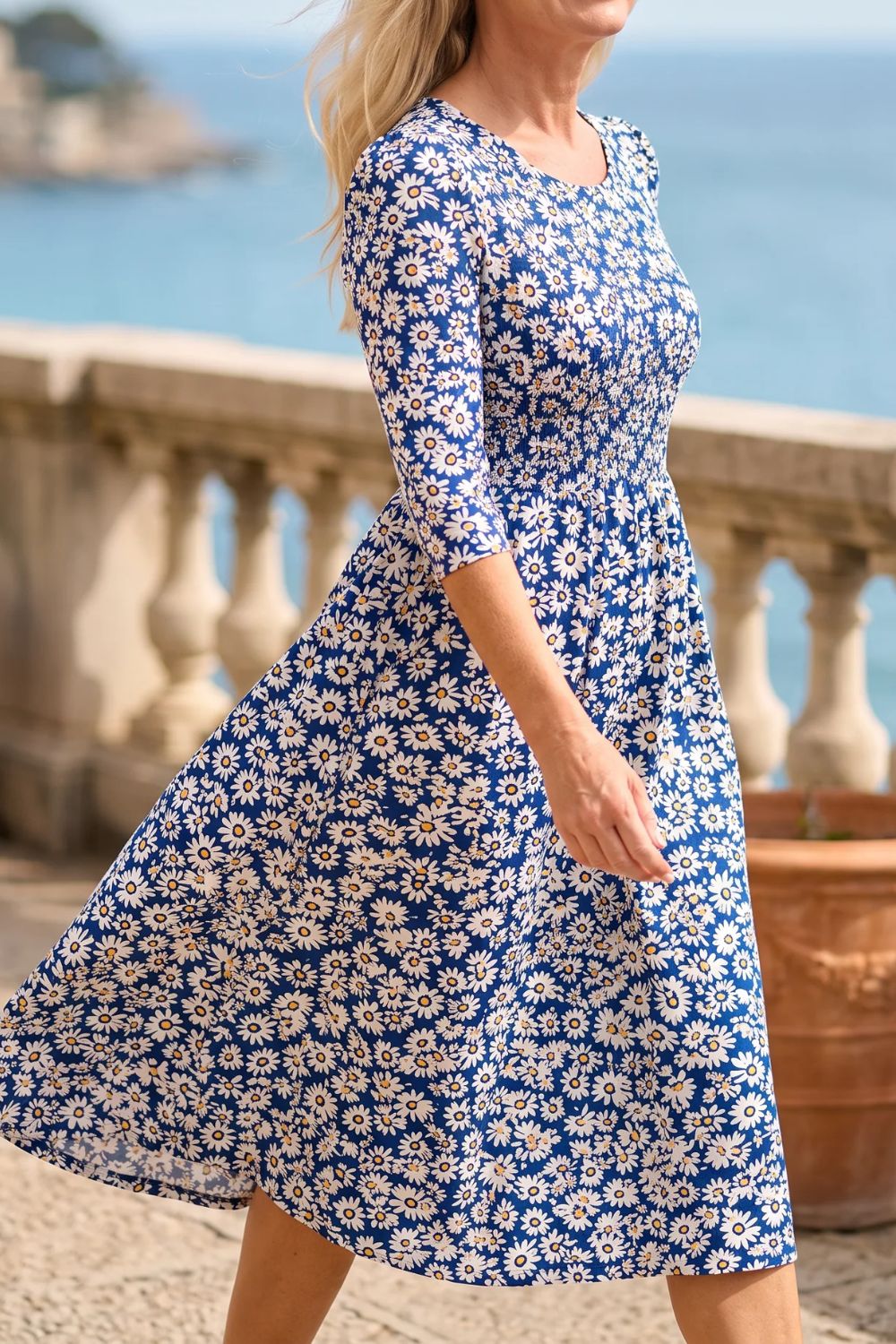 Women's Blue Floral Round Neck 3/4 Sleeves Maxi Dress