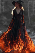 Women's Halloween Black Flame Print V Neck Long Sleeve Maxi Dress