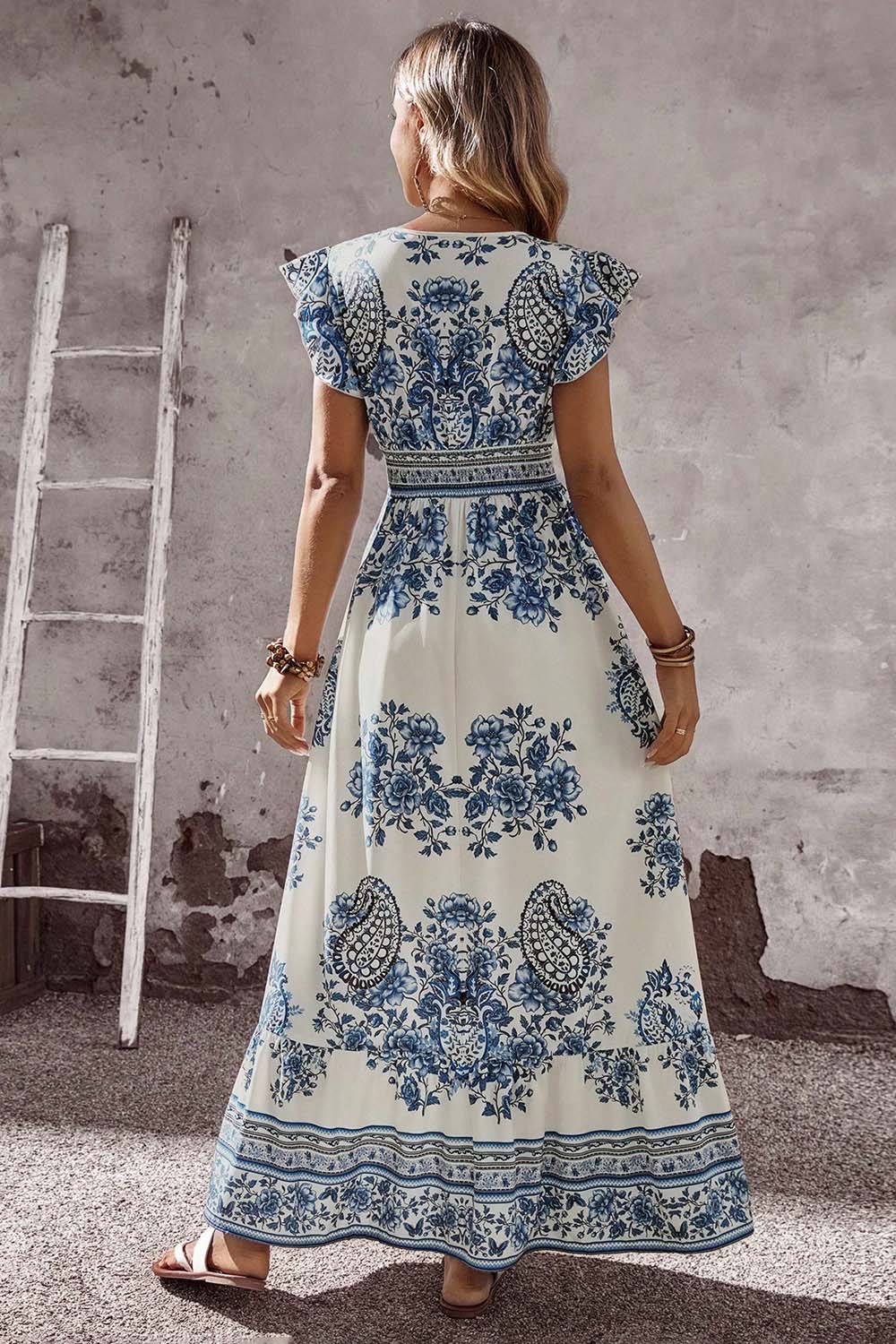 Blue and White Floral V Neck Flounce Sleeve Maxi Dress