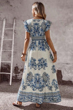 Blue and White Floral V Neck Flounce Sleeve Maxi Dress