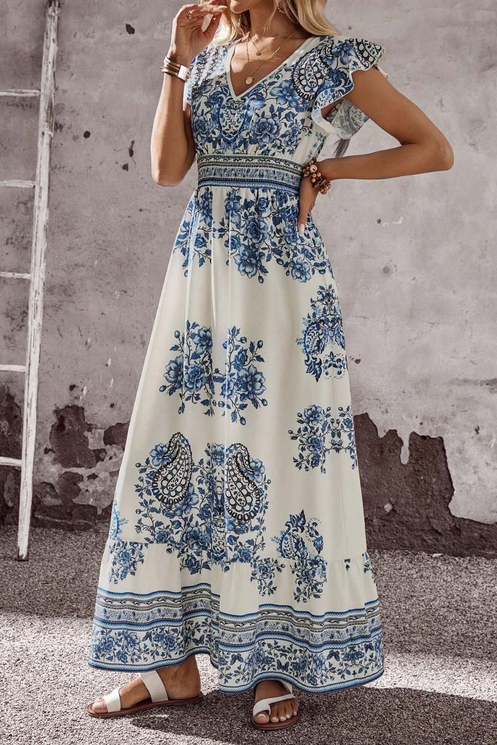 Blue and White Floral V Neck Flounce Sleeve Maxi Dress