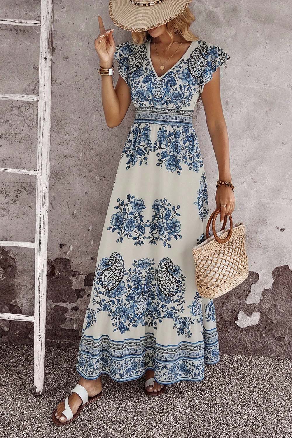 Blue and White Floral V Neck Flounce Sleeve Maxi Dress