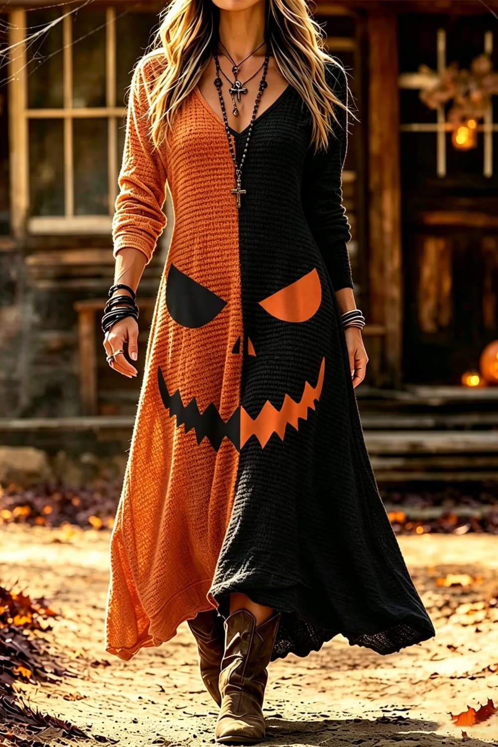 Women's Halloween Orange Black Pumpkin Face V Neck Long Sleeve Maxi Dress