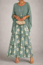 Women's Sage Green Daisy Round Neck Three Quarter Sleeve Two Piece Maxi Dress