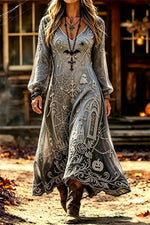 Women's Halloween Grey Multi Spider Web V Neck Long Sleeve Midi Dress