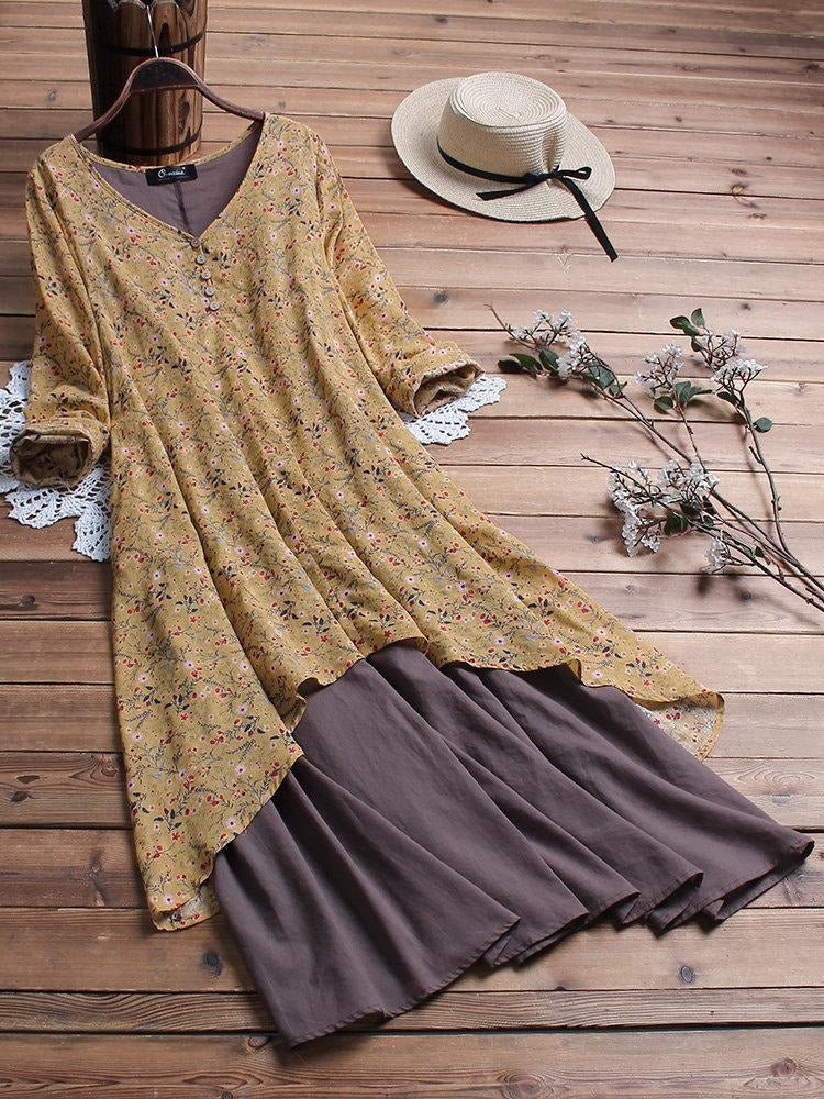 Floral Print V-neck Long Sleeves Midi Dress