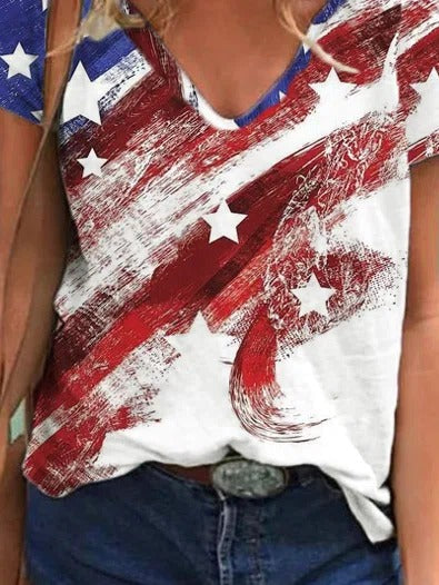 American Flag Print V-neck Short Sleeves T-shirt