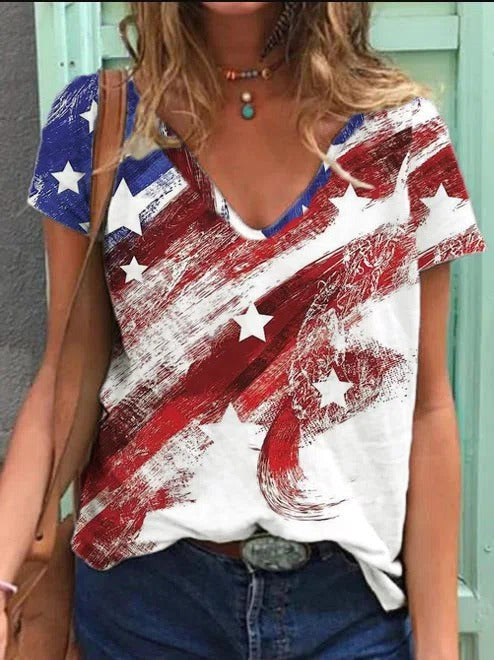 American Flag Print V-neck Short Sleeves T-shirt