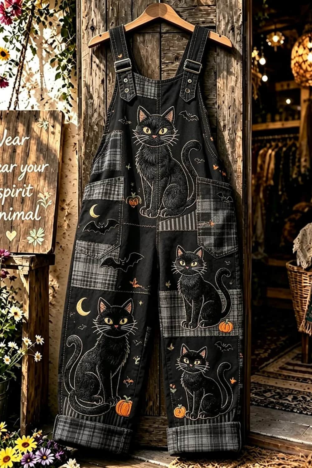 Women's Halloween Black Plaid Cat Pumpkin Print Adjustable Strap Jumpsuit
