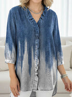 Women's Gradient Color Blocking Print Casual Ruffled Denim Shirt