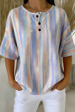 Women's Pastel Tie Dye Stripe Art Pattern Print Casual Waffle Cotton Shirt