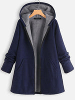 Solid Color Hooded Zipper Long Sleeves Fleece Warm Coat