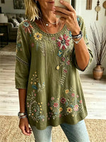 Olive Green Floral Embroidery Hollow Trim Round Neck 3/4 Sleeve Blouse