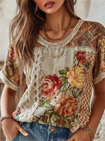 Women's Multi Patchwork Rose Floral Lace Round Neck Short Sleeve Blouse