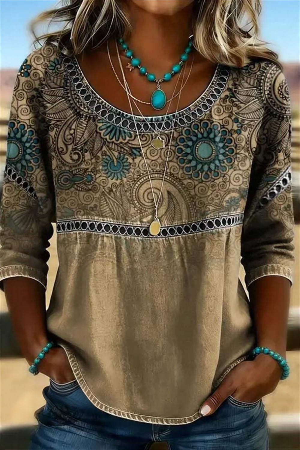 Women's Multi Retro Paisley Print Round Neck 3/4 Sleeves Blouse