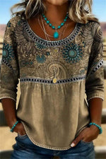 Women's Multi Retro Paisley Print Round Neck 3/4 Sleeves Blouse