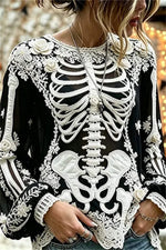 Women's Halloween Black Skeleton Floral Lace Print Round Neck Puff Long Sleeve Blouse
