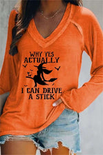 Women's Halloween Orange Witch Letter Print V Neck Blouse