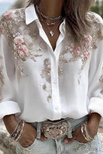 Women's White Floral Shirt Collar Long Sleeve Shirt