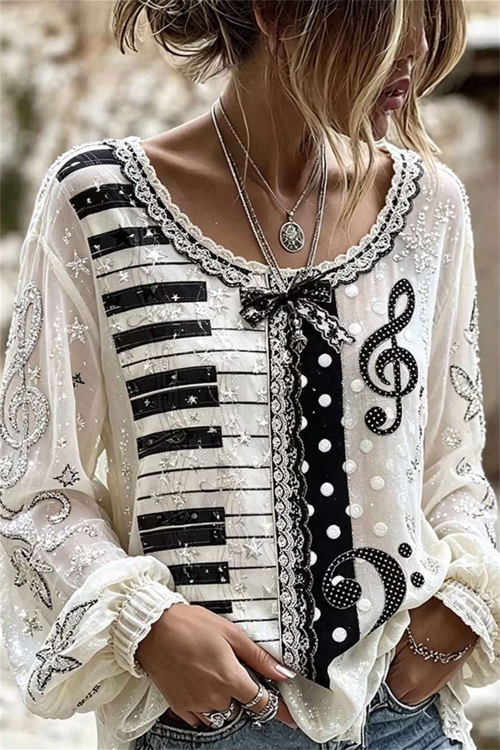 White Piano Key Music Note Scoop Neck Puff Long Sleeves Blouse