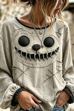 Women's Halloween Beige Stitched Ghost Face Print Round Neck Long Sleeve Blouse