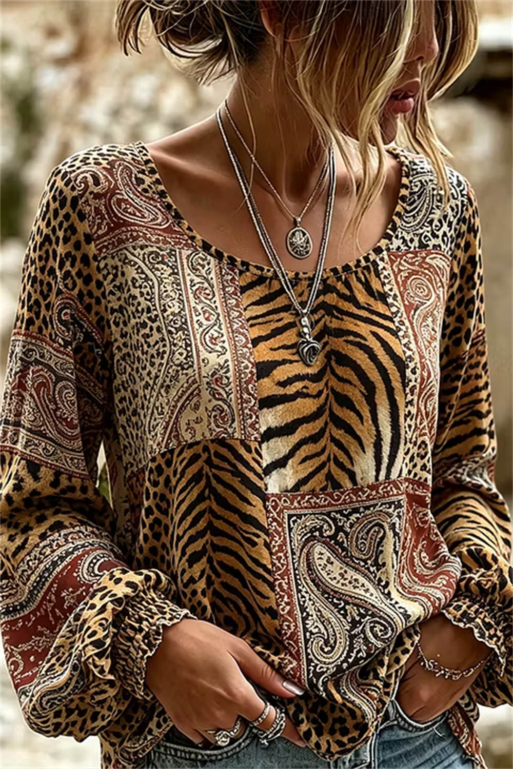 Women's Multi Animal Paisley Patchwork Round Neck Long Sleeve Blouse