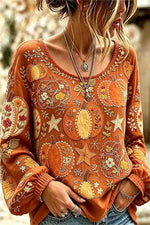 Women's Halloween Orange Pumpkin Floral Star Round Neck Long Sleeve Blouse