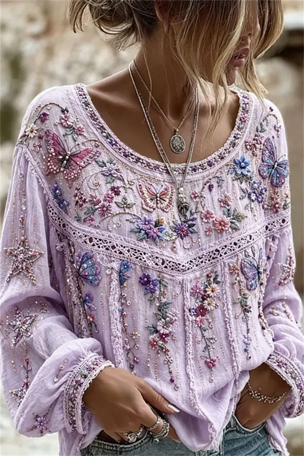 Women's Purple Floral Butterfly Print Round Neck Long Sleeve Blouse