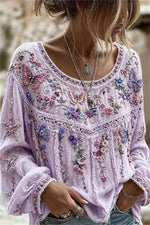 Women's Purple Floral Butterfly Print Round Neck Long Sleeve Blouse