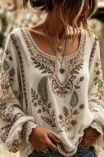 Women's Multi Floral Round Neck Long Sleeve Blouse