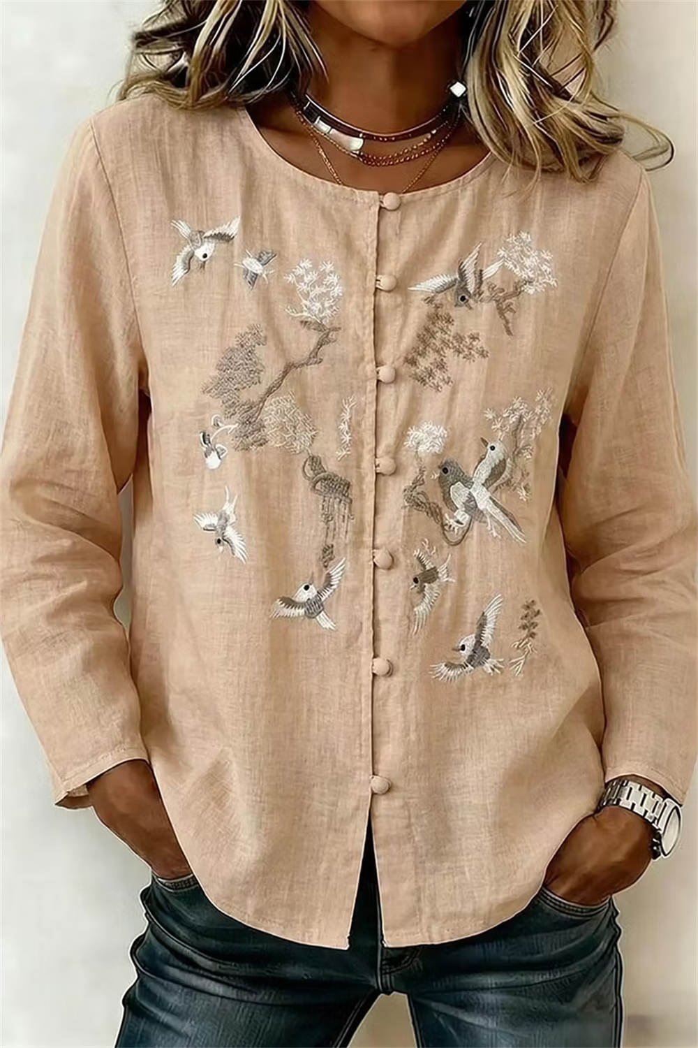 Women's Bird Embroidery Round Neck Long Sleeve Blouse