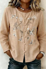 Women's Bird Embroidery Round Neck Long Sleeve Blouse