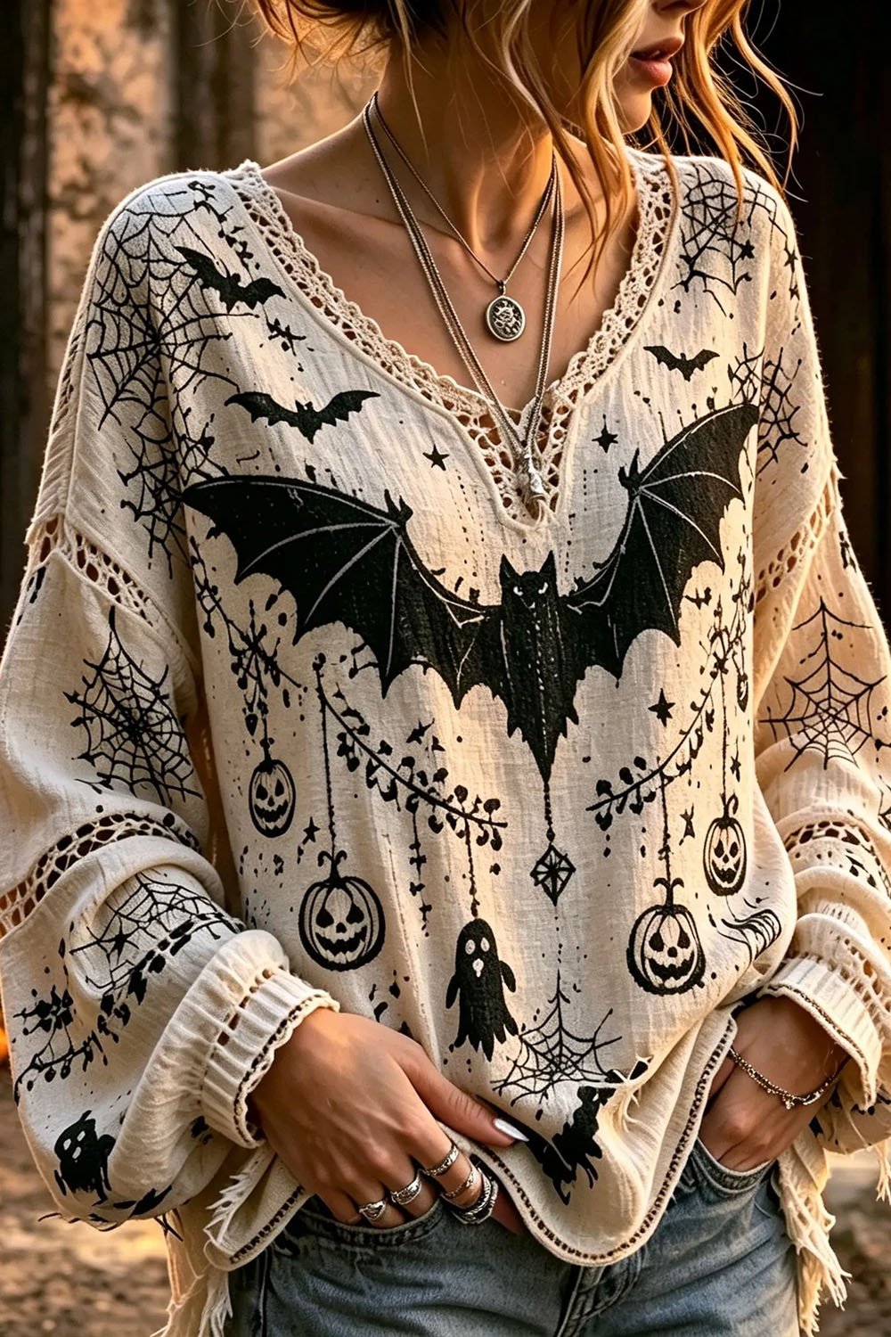 Women's Halloween Cream Bat Ghost Pumpkin Lace V Neck Long Sleeve Blouse