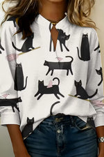 Women's White Cat Print Collared Long Sleeve Shirt