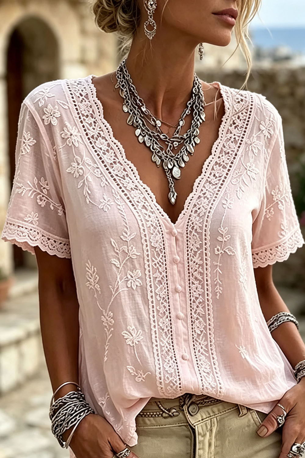 Women's Light Pink Floral Embroidery Lace V Neck Short Sleeve Blouse