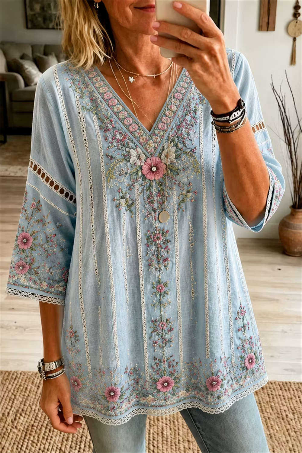 Women's Light Blue Floral Embroidery Lace V Neck 3/4 Sleeve Blouse